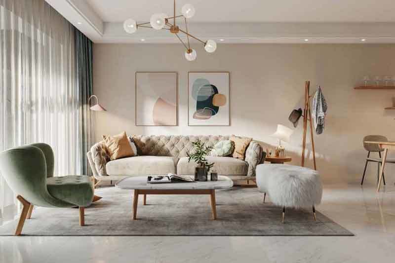 客厅整体空间以浅色系为主，落地灯，浅棕色的沙发和基本色调相吻合，墙上的挂画和棚顶的灯饰相互衬托打造出一个温馨的空间