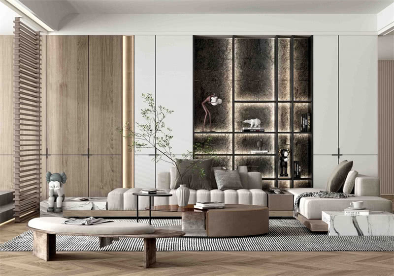 整个客厅温暖的木色搭配黑白灰作为整体基调，解放了原来分隔狭小的布局，定义出居家空间，栖息着书、物件和人。