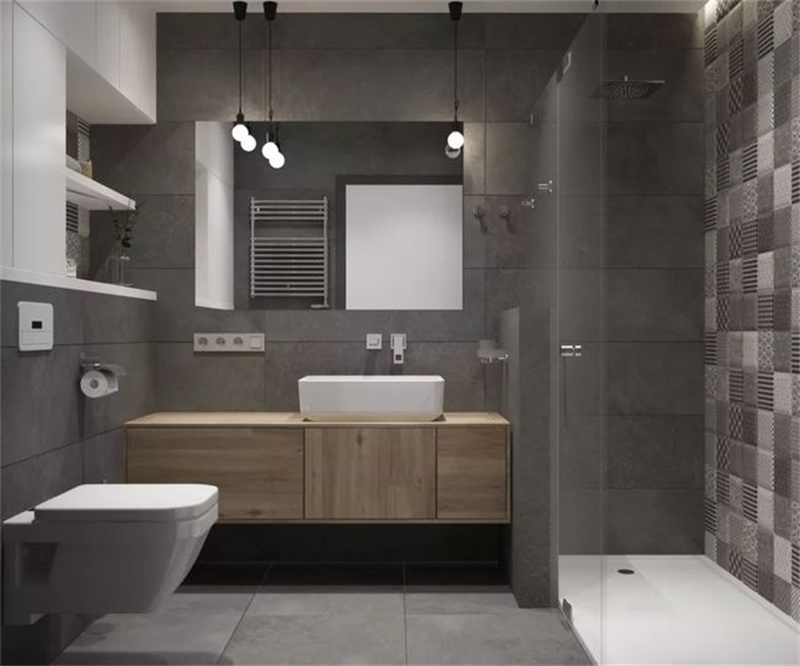 
卫生间干湿分离，悬空的浴柜可以更好的清洁地面。