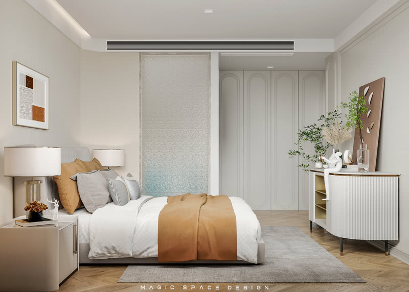 ▲ 主卧

卧室的空间是空灵而温馨的，柔和木质灰调，白色的墙柜一体，搭配玻璃与绿植的点缀。