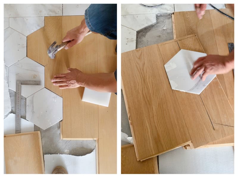 在铺设木地板过程中，木地板与六角砖的衔接尺寸必须很精准，而且木地板铺设完成高度要与铺设地砖完成高度要精准地达到同一个水平线上。