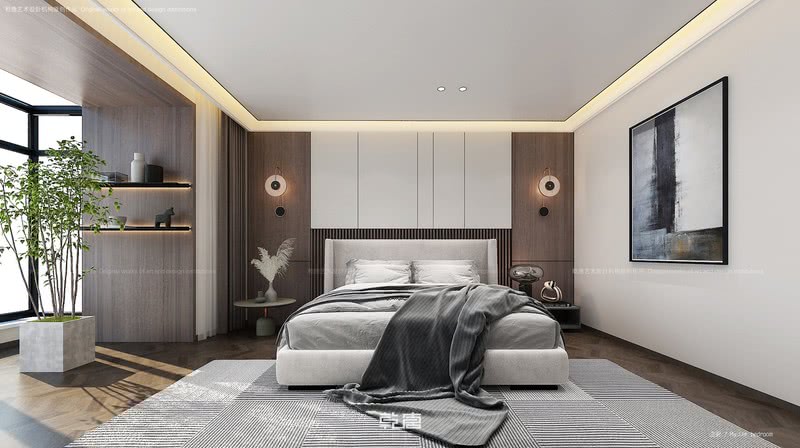 卧室的设计低调却极富巧思，条纹层次不一的地毯铺满主卧空间打造整体性，简单的绿植营造空间情调，墙壁采用木质与墙布搭配的设计，有了设计感，对称式的灯光有了协调性，设计师还细心的设计了床头的圆形柜，安全指数加分，地板设计不仅有助于清洁卫生，同时耐脏、好打理、空间流动更为自然。