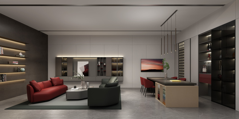 小客厅空间简约的电视柜及墙板专为中小户型打造，空间增加了少量暗红色，与大客厅空间相呼应，红色烤漆抽面更为开放式酒柜增加了质感。