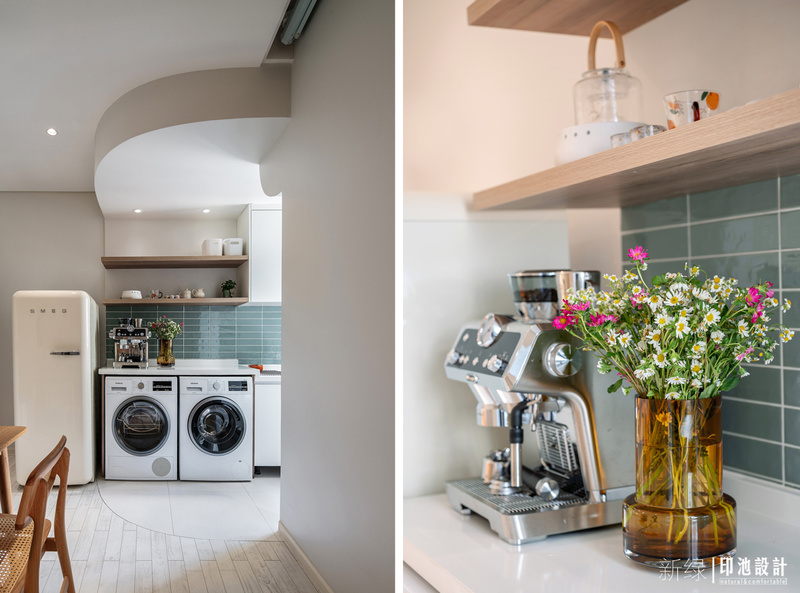 厨房洗衣区的台面作为橱柜操作台的延伸，可以冲咖啡泡牛奶，作水吧功能使用。洗衣区与厨房共用通道、台面，实现分时段利用空间，多功能交互与叠加。
