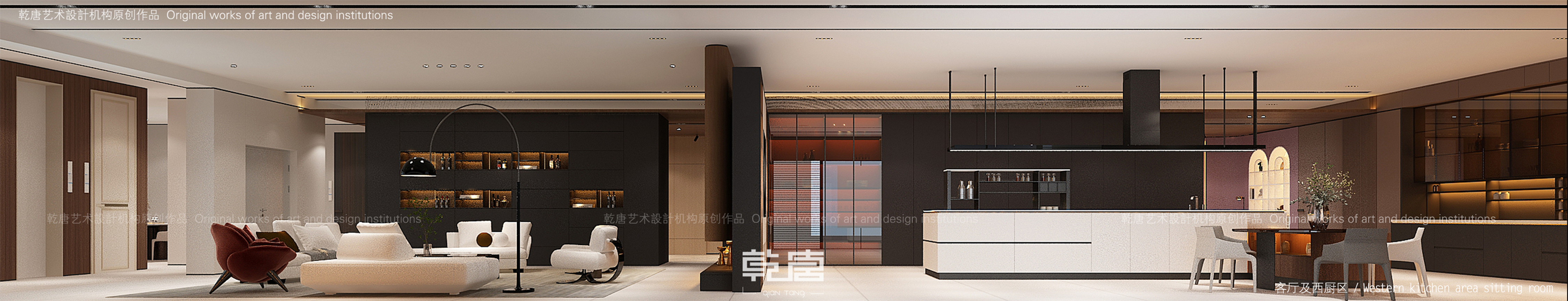 客厅展示区和橱柜展示区是通过两个厚重的体块去划分空间，同时留了缝隙，让两个空间具有流动性。
