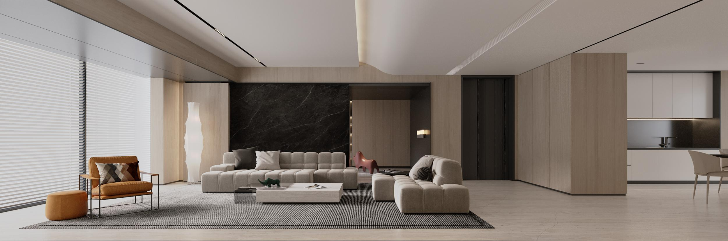 利用客厅空间优势，客餐厨连通，最大化空间通透感。