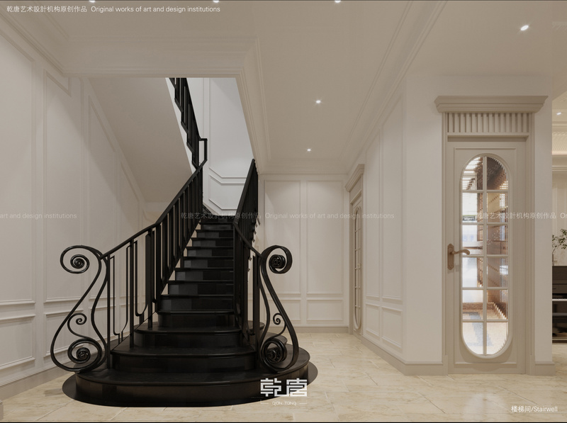 法式弧形楼梯的气质来源就是纤细感，黑白两种色彩相冲撞，如工艺美术品般华丽的设计，法式风格在美学上展现出自然气息，闲情逸致般的特点。
