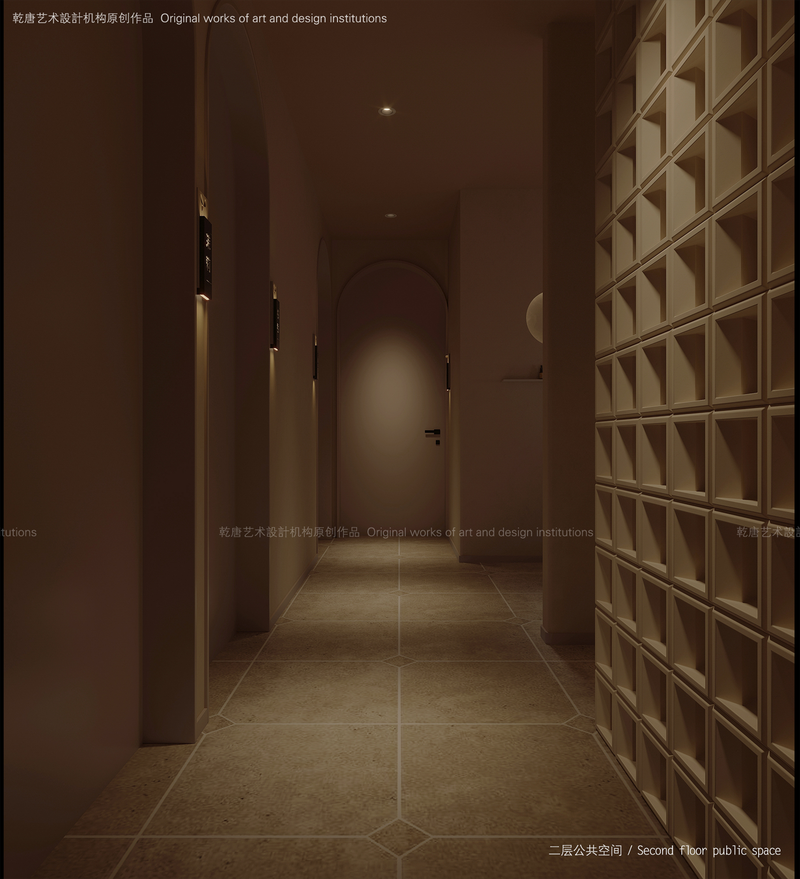 光影下的走廊是另一道风景线，

利用灯光造景来营造若隐若现的神秘感。