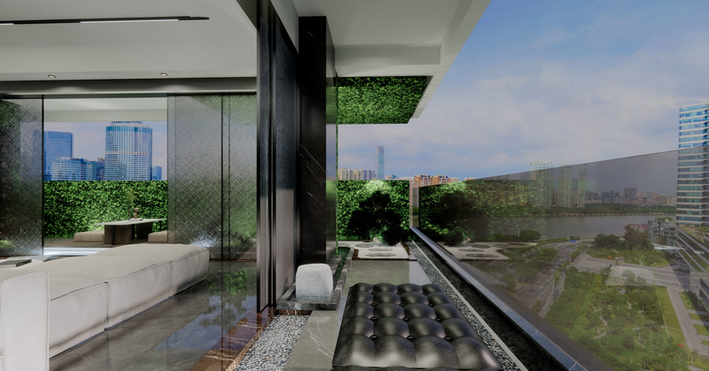 室内和绿廊的开场性和通透性将视线无限扩大，垂直绿化的点缀让这个绿廊更具生态性、黄昏时刻和阳光沐浴，在此独享生态之宜。