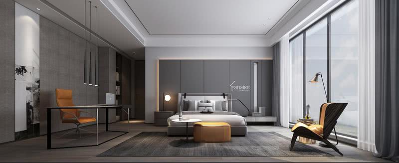 卧室布局张弛有度,

米白、浅灰 低饱和度的配色，搭配高质感家居,

交融着柔和与品质氛围.

