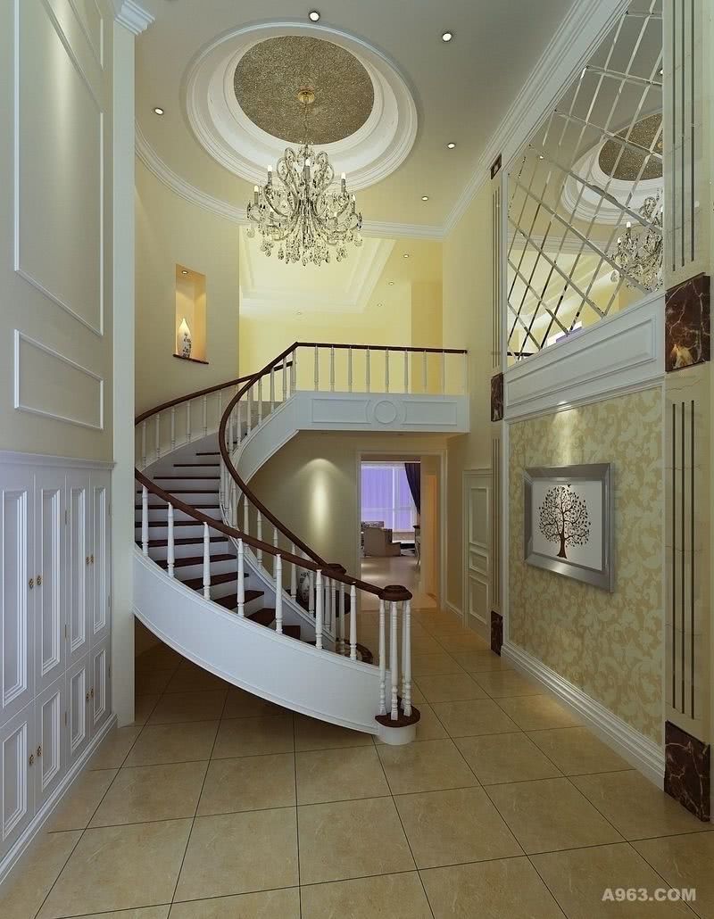 楼梯间弧形的楼梯造型，舒适与美观并存。弧形的造型使空间更加别致，搭配菱镜背景墙使空间更加的开阔，增加视觉效果。