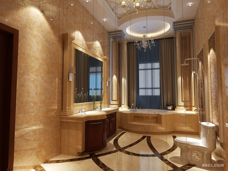 卫生间的圆形浴缸尤为突出，也是空间的一大亮点，石材砌筑的圆形浴缸搭配罗马柱造型使空间更加的大气，浅黄色的微晶石墙面和半圆弧的浴室柜自然过渡，舒适与大气并存……