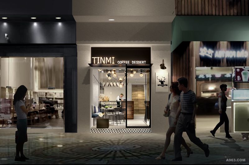 咖啡厅外墙采用了白色肌理漆与黑色钢板设计，上方的钢板门头安置了“TINMI”字样的LED logo。