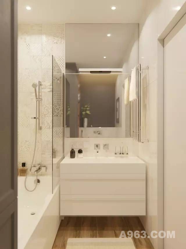 卫生间也是一个狭长的空间，但通过定制浴室柜，将空间的利用做到最大化。