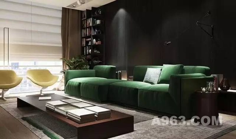 客厅给人眼前一亮的感觉，
黑色背景墙与墨绿色沙发的配色相当有范儿。