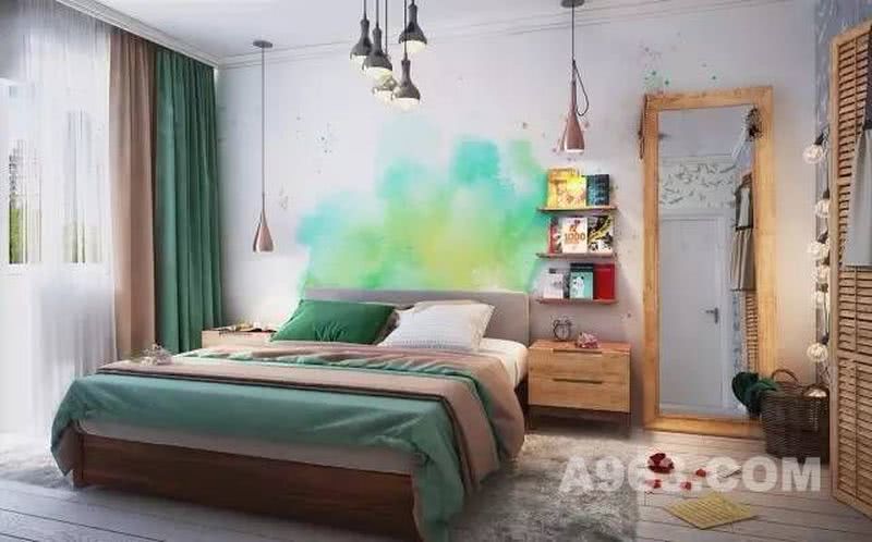 卧室的设计很有艺术气息，
背景墙上晕染的水彩画十分抢眼，
同色系的床品提升空间的格调，
隔板式书架既美观又能节约空间。
