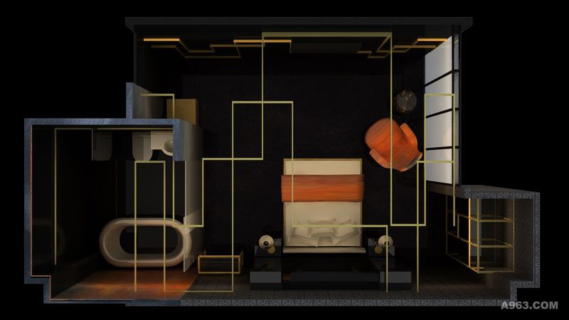 住宿單元以黑與金為概念
金色線條從天花到牆面穿梭
乃至家具與櫃體金屬框架