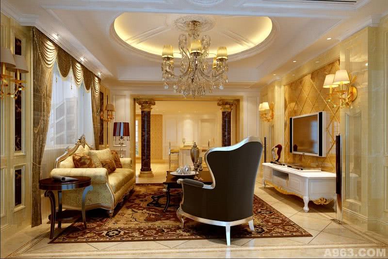 大量使用的金色调，把欧式风格设计融入现代设计中浑然一体家居风格，金色调时尚温馨不突兀，客厅的金色墙面与地毯散发出的是淡雅的现代简欧风格味道，时尚的金色调沙发与装饰品德摆放，让整个客厅营造出时尚、高贵、轻松、愉悦的视觉感空间。