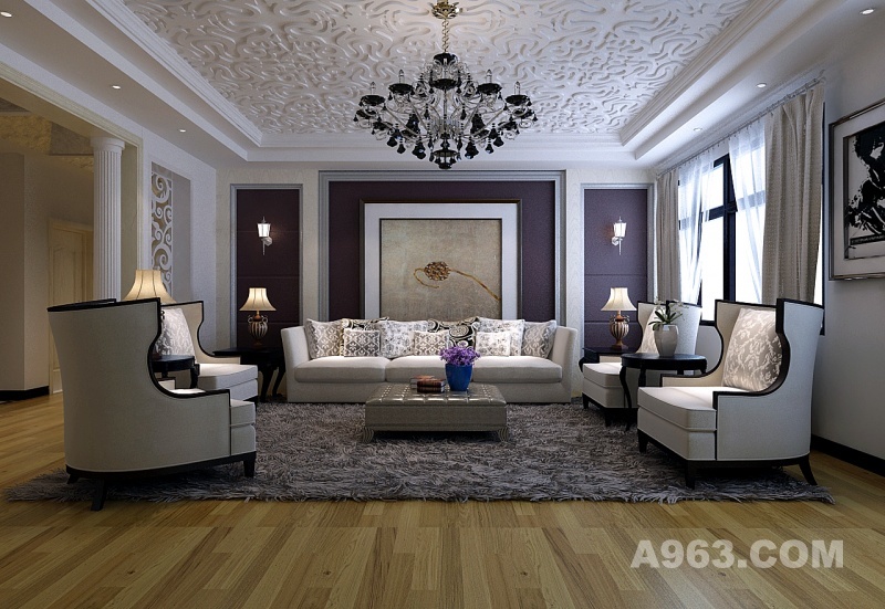 客厅3
浅颜色的大理石，配上深紫的硬包，配上黑白的家具，每天都能沐浴在幸福的美景中。无论视觉、心理或实质使用上更宽敞的空间延续，创造实质的空间美学效益。
