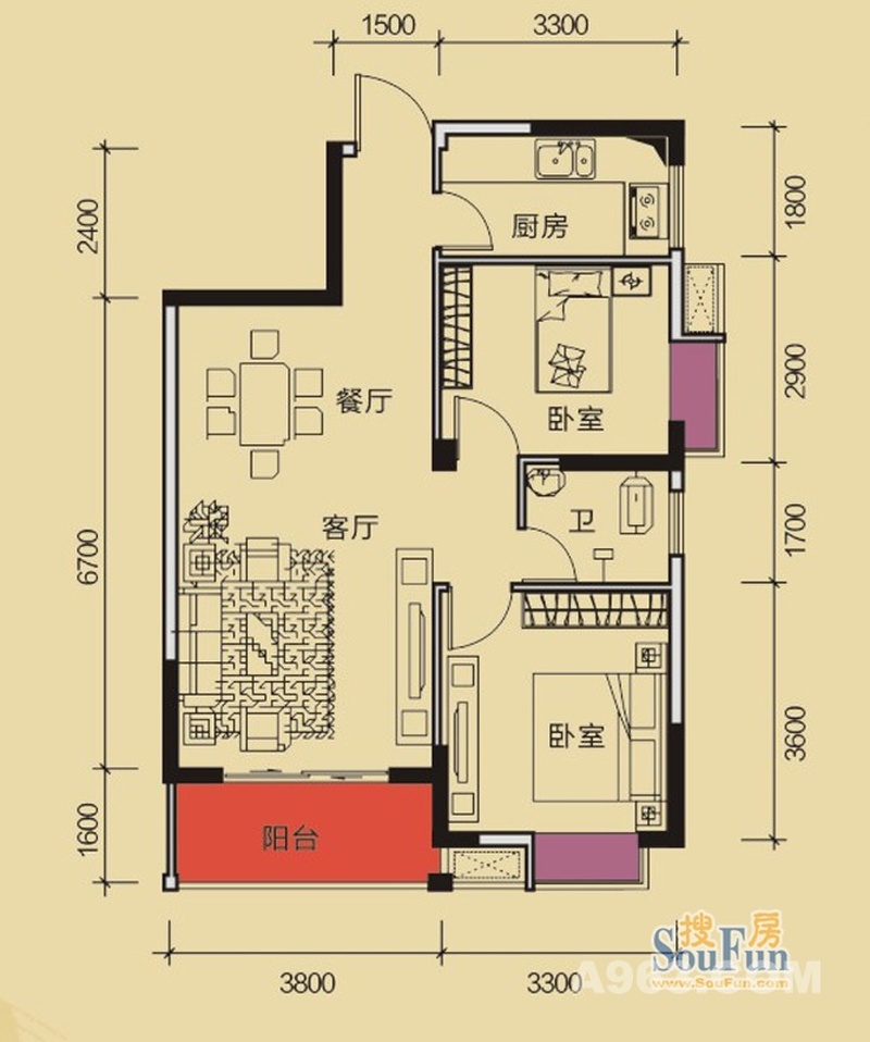 南宁瑞和家园86平米两室两厅户型图
