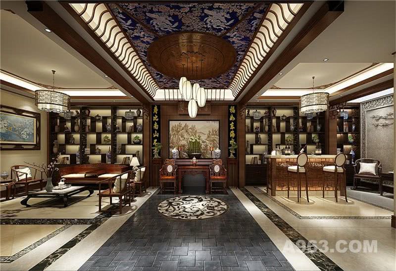 华贸东滩花园别墅装修新中式风格设计方案展示，上海腾龙别墅设计师周峻作品，欢迎品鉴！