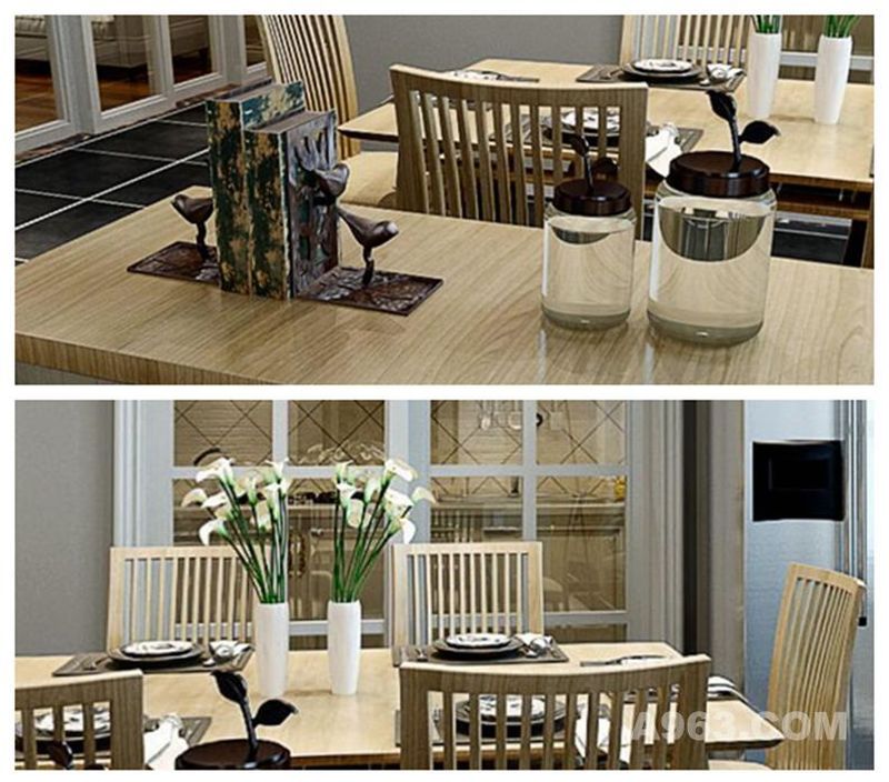 餐厅：餐桌以及餐椅都是使用原木色，整体呈现轻松舒适。