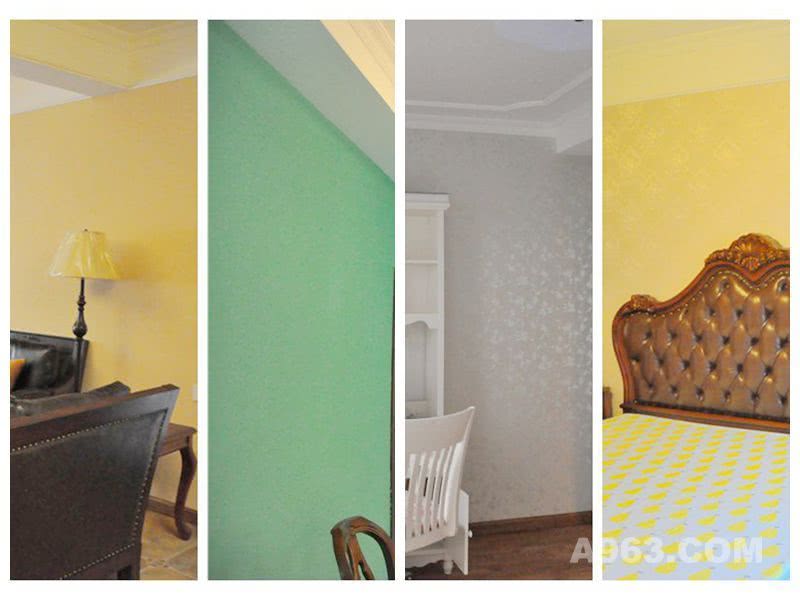 客厅墙面：黄色（烘托温馨）
餐厅墙面：绿色（用餐的时候生机活力陪伴）
卧室墙体：墙布，或深或浅（代表不同年龄层次的习惯）
这个大胆且具有个性的用色，和谐统一是重点。