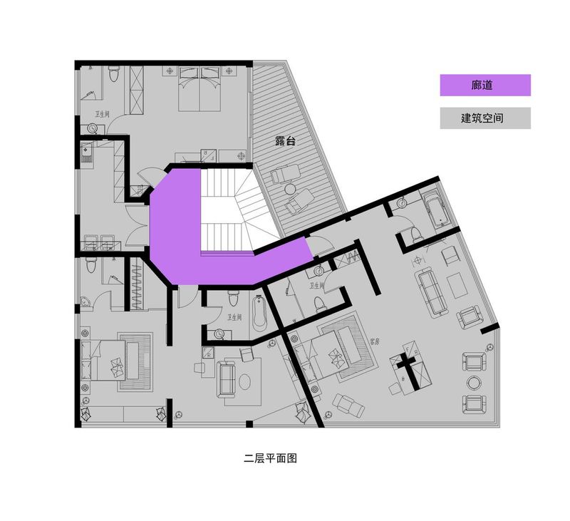 以内庭为建筑中心，中心楼梯串联各层空间。