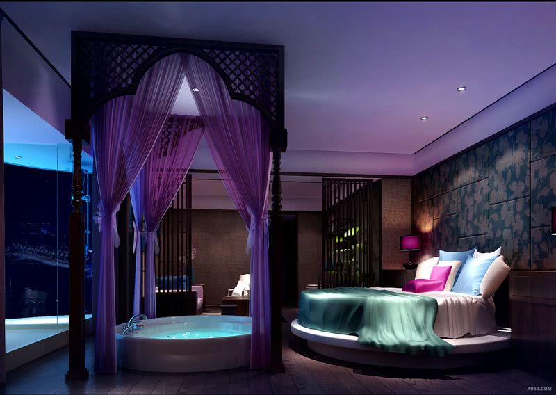       柔和的灯光，紫色的帘子，小型的浴缸，宽敞的大圆床，完全是洋溢着趣味而又振奋人心的空间