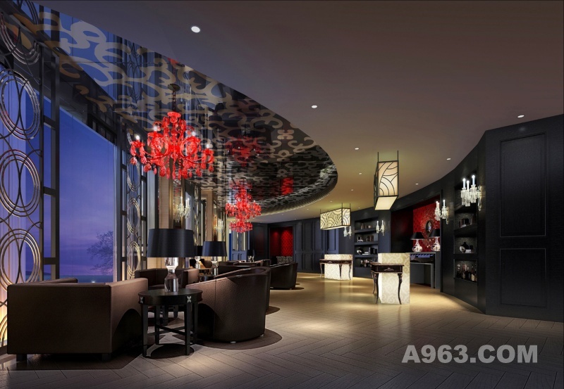 服务大厅
延续着走廊的设计手法，把壁炉设计为整个空间的视觉中心点，在沙发区天花运用了柔美线条的图案作为装饰，运用了红色玻璃吊灯，透明玻璃台灯，更好的与其ART  DECO风格的建筑外立面相互应。