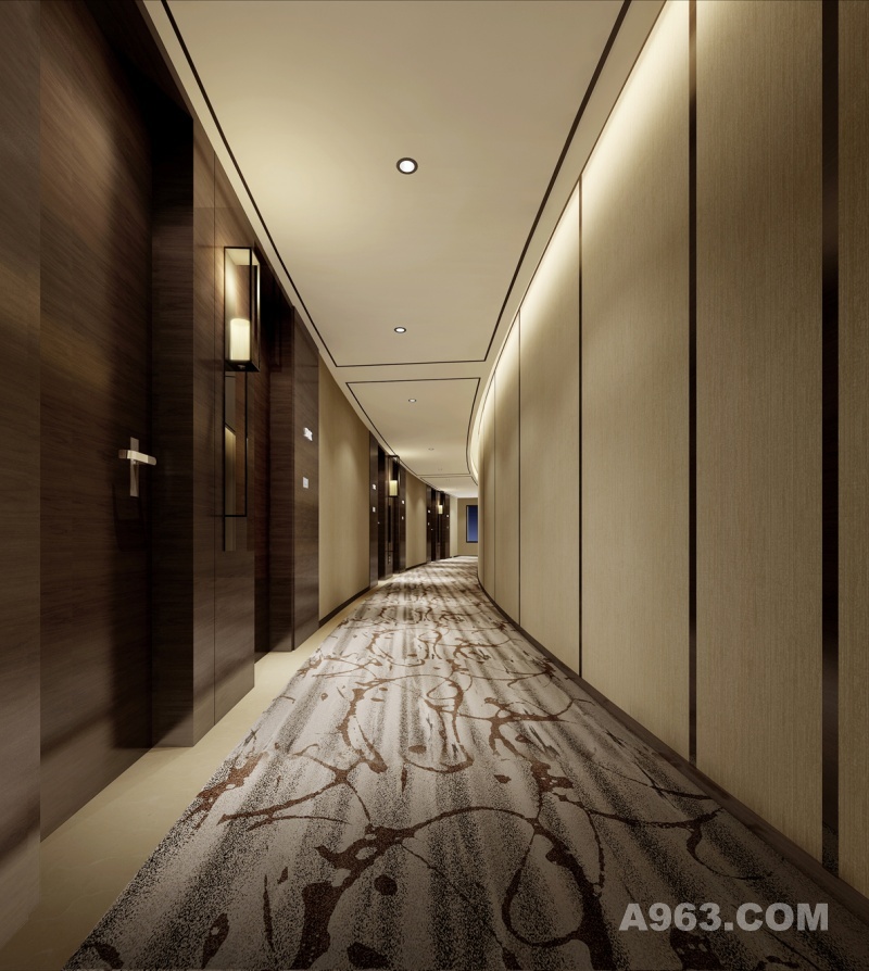 走廊
   共享走廊是饭店室内一个最富有特点的设计空间，木饰面墙与地毯的融合，简洁的壁灯随着一排色调温和的灯带紧紧地描固在一起，形成一种比装饰线更丰的表现力，大大加强了走廊的延伸感。
