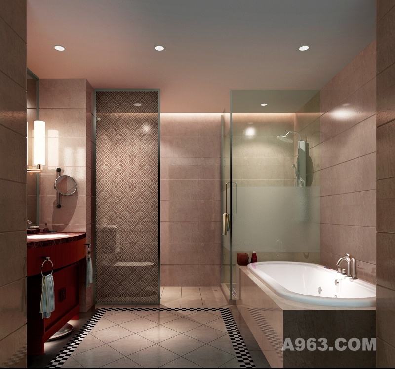 双人标准客房卫生间效果图
眼帘可见的是低调奢华风格的进口卫浴，经典的颜色搭配都表现出活泼而又不失质感的设计手法。