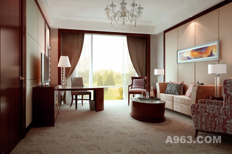 标准套房客厅
本案设计采用了欧式新古典风格，经典的欧式绒布窗帘，优雅的线条，华丽的恰到好处的装饰品将整个房间装点得品味脱俗，让人一见倾心。
