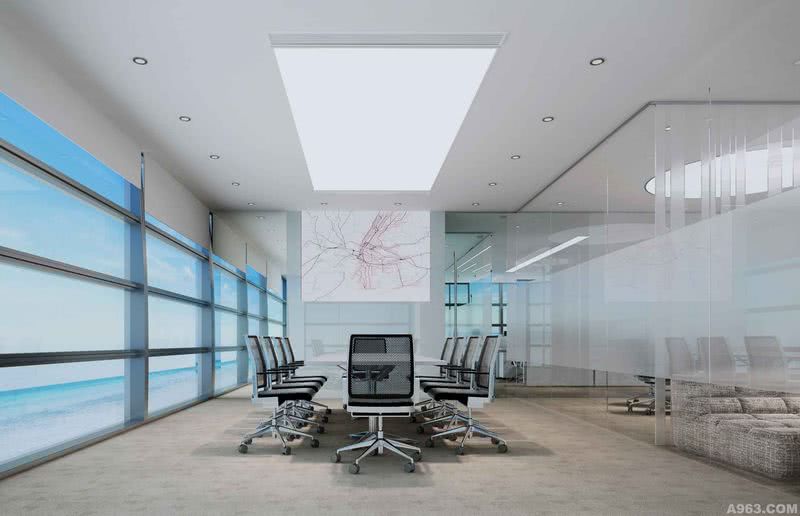 中型会议室：直白的空间无须多言，简单的灯膜照应着会议桌，完全虚化处理的玻璃隔墙与外墙形成透明无视的呼应。在这里只有一桌人一件事，一种解决之道。