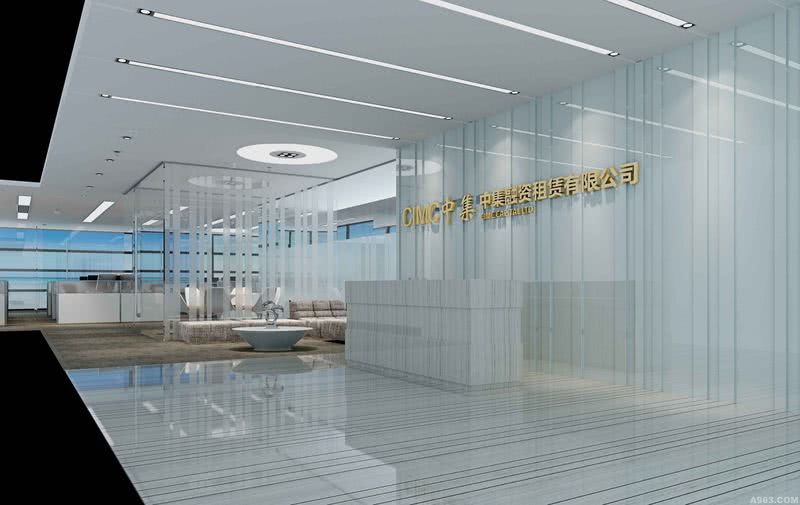 前厅：在充满纵向不规则延伸线条的造型空间当中，以灰木纹做基调，体现了新时代新思路与开放创造的运营理念，金色的Logo则突显了金融类企业的核心本质。
