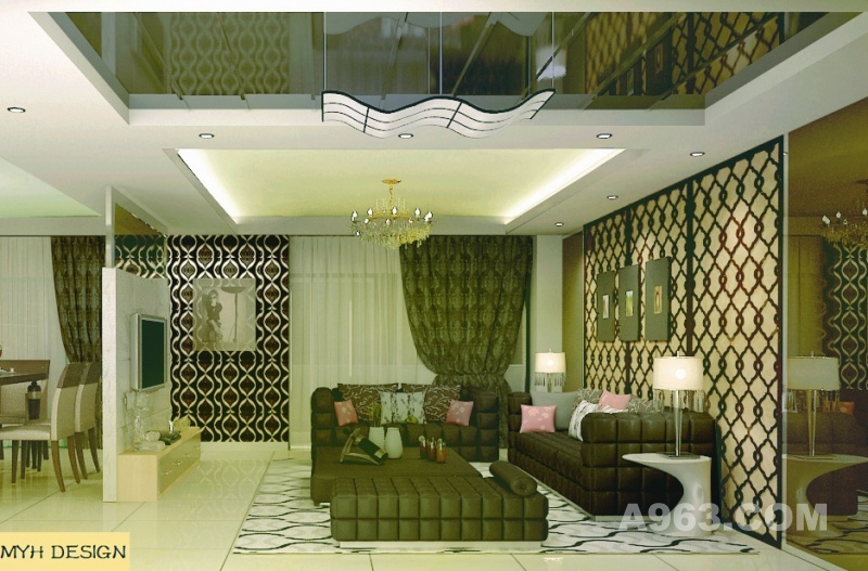 客厅
黑色的沙发，白色的地砖，深咖色的网格沙发背景，天花直线回字形边顶，稍加灰镜，客厅带来了不一样的精彩。