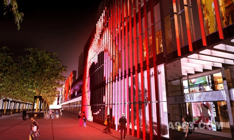 建築立面
建築立面所見的1F與2F，以LED燈條裝飾，在夜間亮起時，為商場增添了新的意象，帶出了商場的動感與時尚感！
