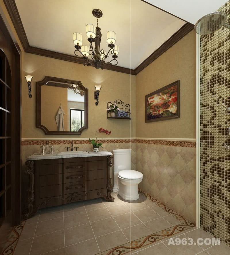 卫生间的地板采用了防腐木和大理石台面与墙面的搭配，褐色的色彩搭配让人更有质朴的感觉。