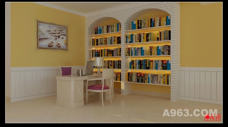 书房一角
书房采用砖砌书柜，墙裙加乳胶漆色漆做墙面，顶上走石膏脚线的做法。