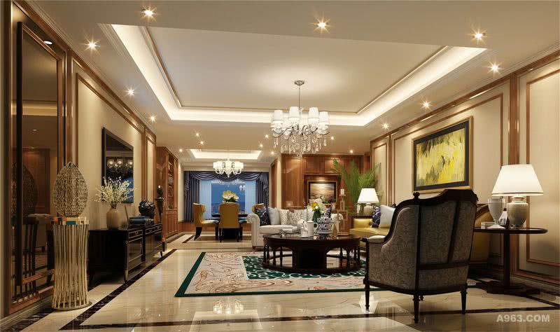 客厅：墙面以线条框的造型搭配香槟金线条，给传统的美式分格添加了时尚优雅的格调。