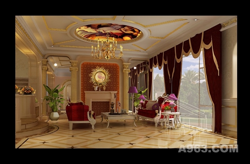 客厅
奢华欧式体现，对于室内过度描金处理，以暖色为主调！