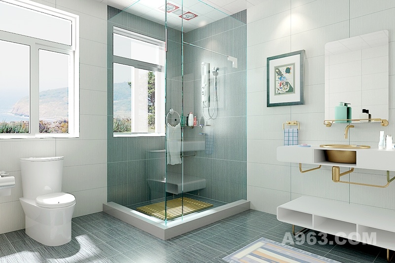 现代卫生间
该卫生间是整个方案设计的一部分  采用现代简约的风格，通过一款砖两个颜色的搭配，使卫生间更加简约现代。