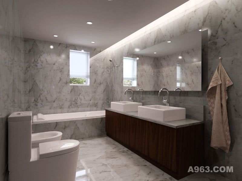 卫生间采用具有天然石材质感和美丽表面光泽的爵士白大理石打造出的卫生间，简洁大方。
