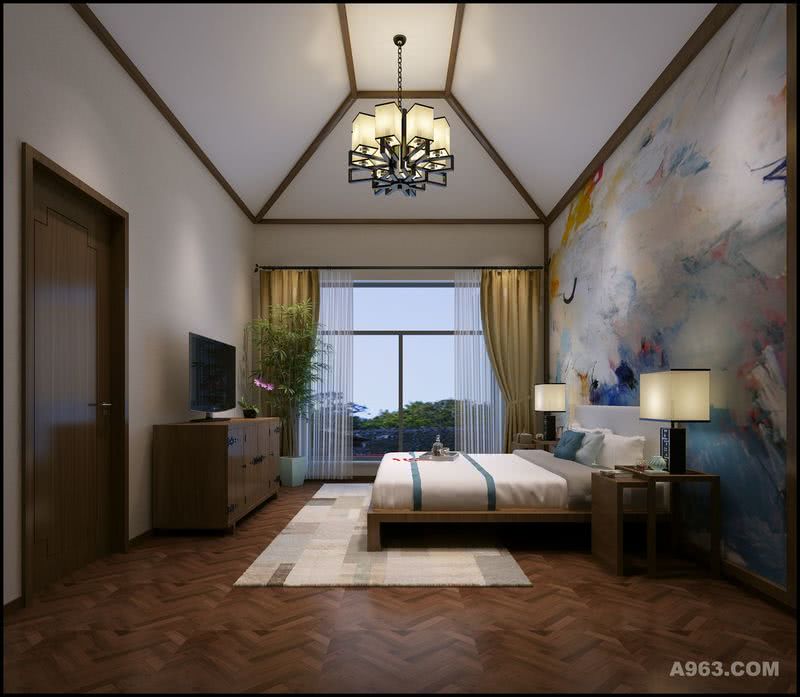 卧室：床头背景墙用当代水墨油彩画进行渲染，烘托出空间浓厚的艺术气息，胡桃木地板的装饰为空间带来典雅与端庄的氛围。