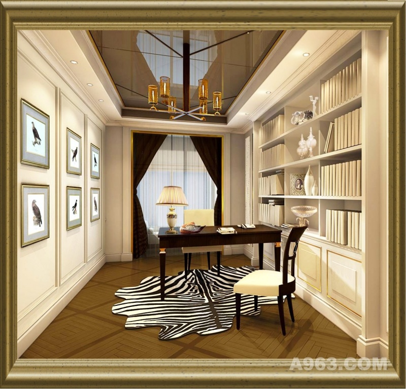 美式新古典风格样板间-书房
温文尔雅的书桌和惟秒惟俏的小鸟工笔画……把人带回到美式新古典的风情中