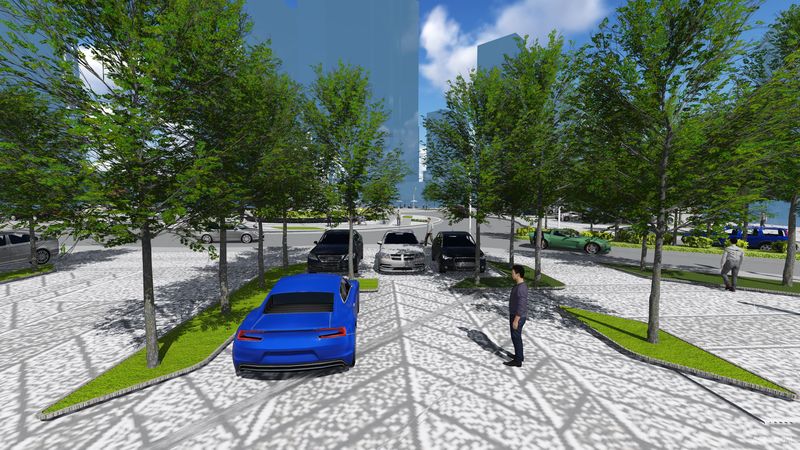 结合项目要求，本次设计加入停车位，灵活的用景观树池的设计规划了停车位的摆放，在体现人性化的同时又不失其美观。