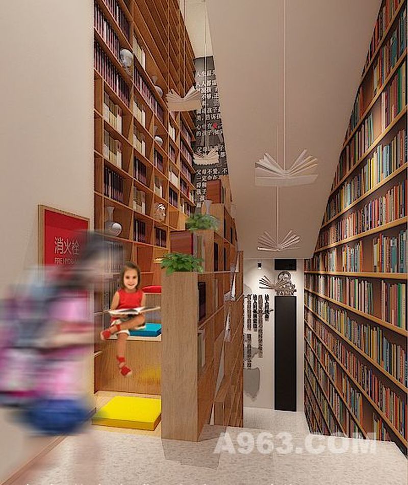 二楼通三楼楼道，没有通行功能，作为储藏书的空间，设计为可做的阅读空间，楼道虽然，但把侧边利用书柜的三维图片喷绘营造空间感。