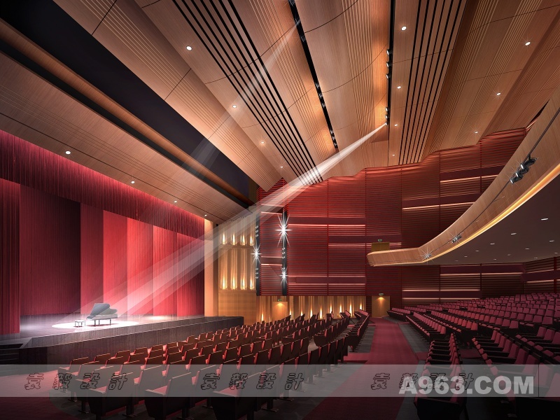 观众厅
仿红木的铝制造型陈列形成空间的表皮，内里空腔构造有利于声学所要求的反射吸收及四周穿插的造型漫射光，使演艺空间更具有独特的魅力。