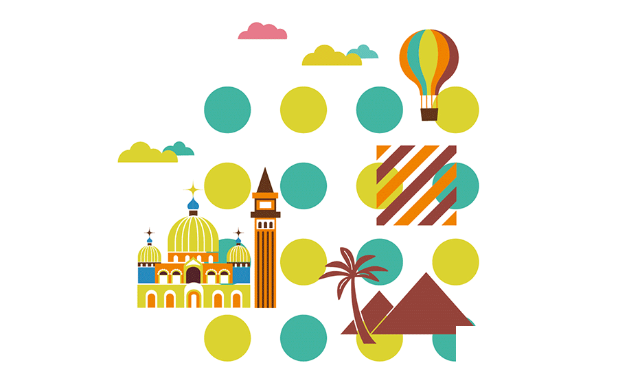VI系统提取了各国标志风情物
俄罗斯式教堂、巴黎埃菲尔铁塔、荷兰风车
土耳其热气球、伦敦大本钟、热带椰树……