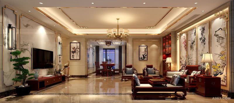 客厅用的是新中式手法，新材料-钛合金塑造新中式风格表现出豪华的感觉，又不失韵味的感觉！